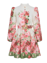 Mini-robe imprimée à manches longues et à manches lanternes